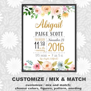 Floral baby girl Birth Stats Print, Boho baby Birth Announcement with flower, Floral nursery art baby stats, Boho girl nursery Print/Canvas
