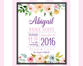 Floral Birth Stats Wall Art Purple, Baby Girl Birth Announcement Flowers, Floral Baby Gift, Bohemian Baby Girl, Floral Baby Stats Picture