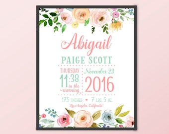 Floral Baby Birth Wall Art, Floral Baby Girl Best Seller, Personalized Baby Girl Gift Flowers, Boho Baby Girl Nursery, Birth Stats for Girls