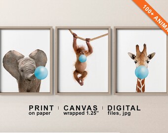 Safari Animals Bubble Gum Print Set: Kids Playroom Decor
