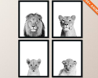 Lion Family Print: Black and White Safari Nursery Decor (Set of 4)