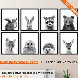 Black and White Woodland Animals, Woodland Baby Animal Pictures, Woodland Animals Nursery, Baby Forest Animal Nursery Print/Canvas/Digital