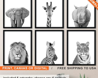 Safari Animal Photography Set: Black and White Prints or Canvas (Digital Available)