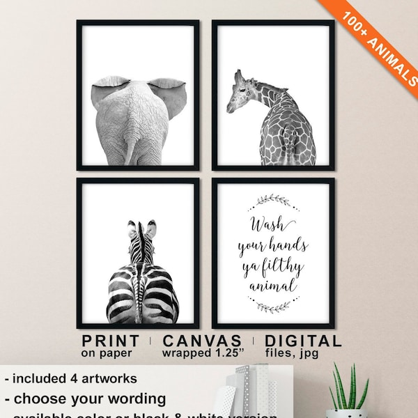 Make Your Set Animal Butt Wall Art, Funny Bathroom Art, Wash Your Hands Ya Filthy Animal, Kids Bath Prints, Safari, Woodland or Farm Animals