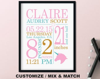 Unicorn Birth Stats Wall Art, Unicorn baby girl decor, Unicorn baby nursery decor, personalized baby girl gift, Baby Stats Print/Canvas/Digi