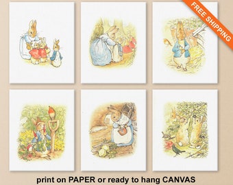 Peter Rabbit Nursery Decor, Beatrix Potter Prints, Set of 6 Canvas or Prints