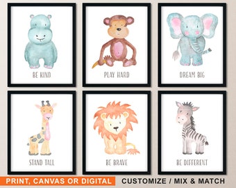 Watercolor Jungle Animals Nursery Decor Prints: Safari, Woodland or Farm Theme (Set of 6)
