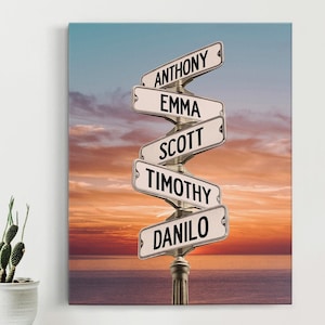 Family Street Sign Canvas with Names, Family Birthdays Wall Art, Personalized Wall Art for Dad or Mom with Ocean Sunset, Blended Family Gift
