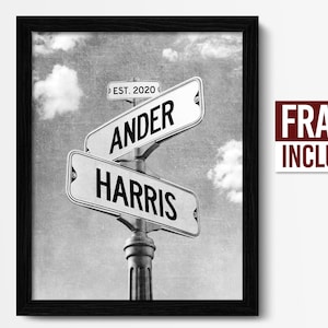 FRAMED Intersection Street Sign Engagement or Wedding Gift for Couple, Unique Married Couple Gift, Wedding Road Sign, Framed Last Names Sign