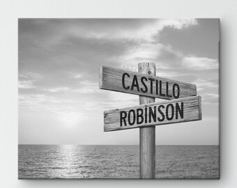 Personalized Beach Signpost Canvas Print with Names, Coastal Wall Decor