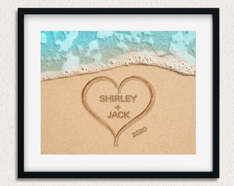 Custom Beach Engagement Gift, Personalized Couples Names Wall Art, Heart in Sand Print, Beach Theme Wedding Gifts, Valentines Day Gift