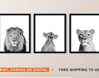 Lion Family Print Set: Black and White Nursery Wall Art