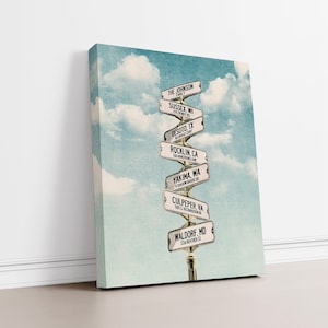 May include: A vintage-style signpost with multiple directional arrows pointing to different cities and states. The signpost is against a blue sky with white clouds. The text on the signpost reads: "The Johnson Family, Sussex WI, DeSoto, TX, Rocklin, CA, Yakima, WA, Culpeper, VA, Waldorf, MD."
