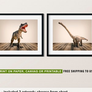 Dinosaur Art for Kids Set of 2, Boy Nursery Prints, T-rex & Brachiosaurus, Dino Lover Gift, Dinosaur Wall Art Paper or Canvas Children Decor