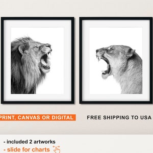 Lion and Lioness Roaring, Black and White Lion Wall Art Set of 2, Couples Gift, Safari Bedroom Decor, Leo Wall Art, Canvas or Paper Print