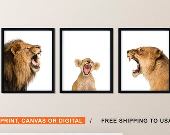 Lion Nursery Decor: Roaring Lion Family Prints, Safari Theme, Set of 3