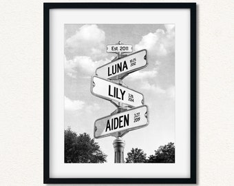 Custom Gift for Family with Kids, Family Room Wall Decor with Names and Important Dates, Street Sign Canvas