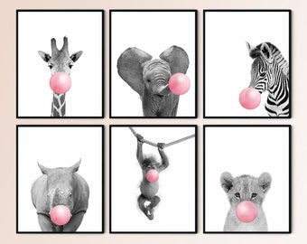 Bubble Gum Safari Animals Girl Room Decor, Black and White Baby Animal Prints, Zoo Animals Canvas Wall Art or Paper, Jungle Baby Room