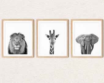 Animal Prints for Nursery Set of 3, Black and White Safari Animals, Safari Nursery Decor Neutral, Lion Giraffe Elephant Prints