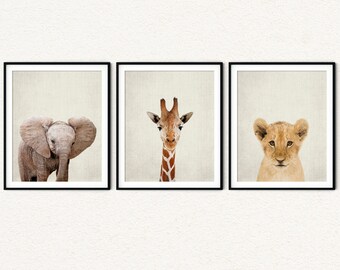 Safari Animal Prints: Elephant, Giraffe, Lion Nursery Decor (Set of 3)