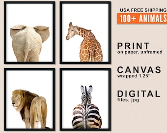 Safari Animal Butt Prints: Funny Jungle Bathroom Art, Set of 4