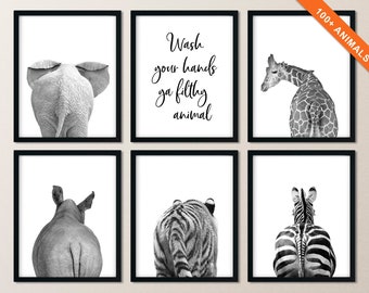 Animal Butt Prints: Funny Bathroom Wall Art, Safari Decor Set of 6
