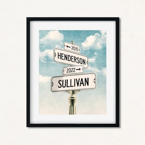 May include: A framed print with a vintage aesthetic featuring a street sign with the names "Henderson" and "Sullivan" and the years "2015" and "2022" on it. The sign is against a blue sky with white clouds.