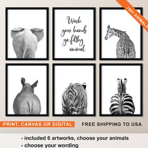 Animal Butt Bathroom Wall Art, Funny Home Decor, Black and White Safari Prints Set of 6 Art, Kids Bathroom, Wash Your Hands Ya Filthy Animal