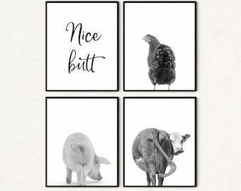 Funny Animal Butt Art Prints: Farmhouse Bathroom Decor, Set of 4