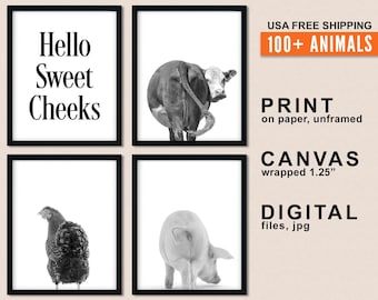 Farmhouse Animal Butt Art Prints: Black & White Country Decor (Set of 4)
