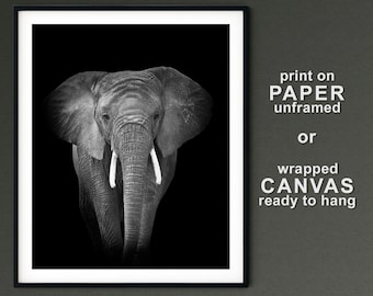 African Elephant Wall Art, Black and White Nursery Animal Print, Elephant Canvas or Paper Print, Safari Home Decor, Safari Baby Room Print