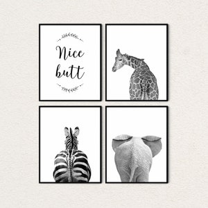 Nice Butt Bathroom Decor, Safari Animal Butt Prints, Funny Bath Decor, Toilet Decor, Humorous Bathroom Wall Art, Black and White Animal Art