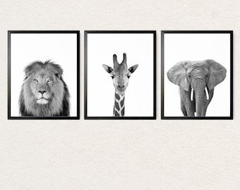 Choose Your Safari Animal Prints, Jungle Nursery Wall Art Set Black and White