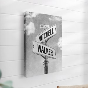 Street sign canvas, paper or metal art for bridal shower with names, Engagement or wedding gift for Couple, Valentines names crossroad sign