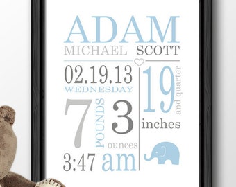 Elephant Birth Stats Canvas: Personalized Baby Announcement Print