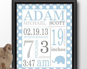 baby stats wall art, polka dot birth announcement boy, new mom gift, baby boy room, birth stats print, personalized baby gift, birth details