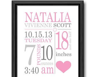 baby girl birth announcement pink gray, birth stats print, baby stats, personalized baby girl gift, baby girl room decor, baby girl nursery