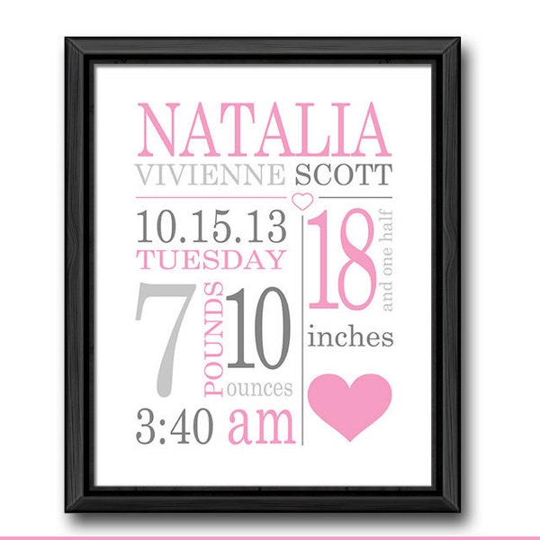 baby girl birth announcement pink gray, birth stats print, baby stats, personalized baby girl gift, baby girl room decor, baby girl nursery