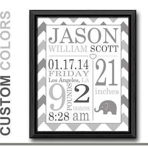 May include: A gray and white chevron patterned baby announcement print with the name Jason William Scott, birth date 01.17.14, time 8:28 am, weight 9 pounds 2 ounces, and length 21 inches. The print also includes a small gray elephant illustration.