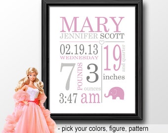 baby girl birth announcement pink gray, elephant birth stats print, personalized baby girl gift, baby girl room decor, baby girl nursery