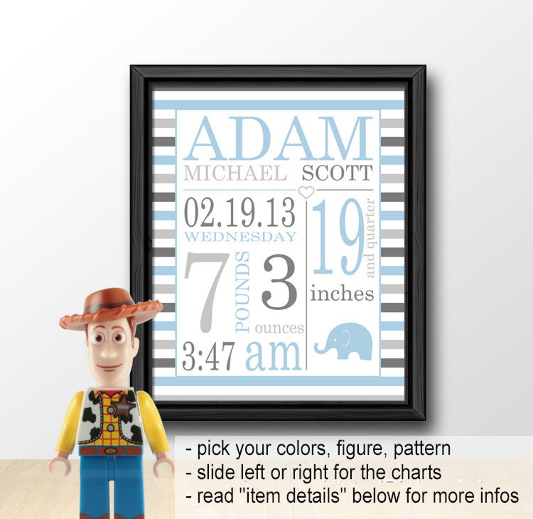 Personalized Birth Stats Art Print: Blue Grey Nursery Decor - Etsy