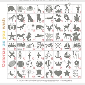 May include: A chart with 64 gray and white clipart images. The images are organized in a grid with numbers 1 through 64. The chart is titled "Clipart Chart". The text "Colorize as you wish" is written vertically on the left side of the chart.