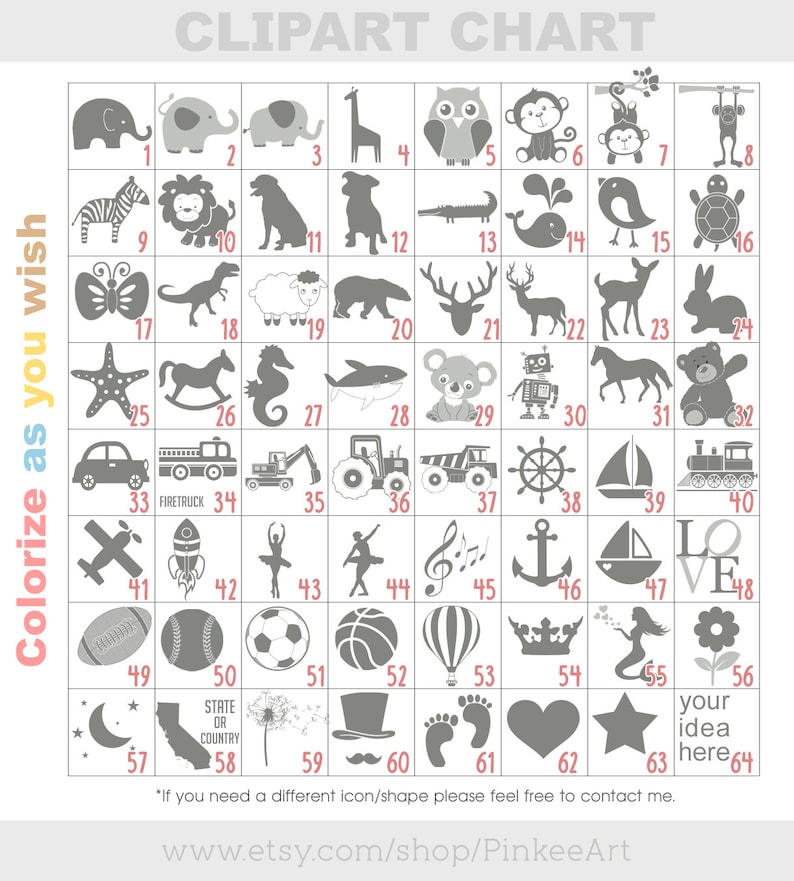 May include: A chart with 64 gray and white clipart images. The images are organized in a grid with numbers 1 through 64. The chart is titled "Clipart Chart". The text "Colorize as you wish" is written vertically on the left side of the chart.