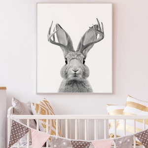 May include: Black and white photograph of a rabbit with antlers. The rabbit is looking directly at the camera. The photo is framed and hanging on a white wall above a white crib.