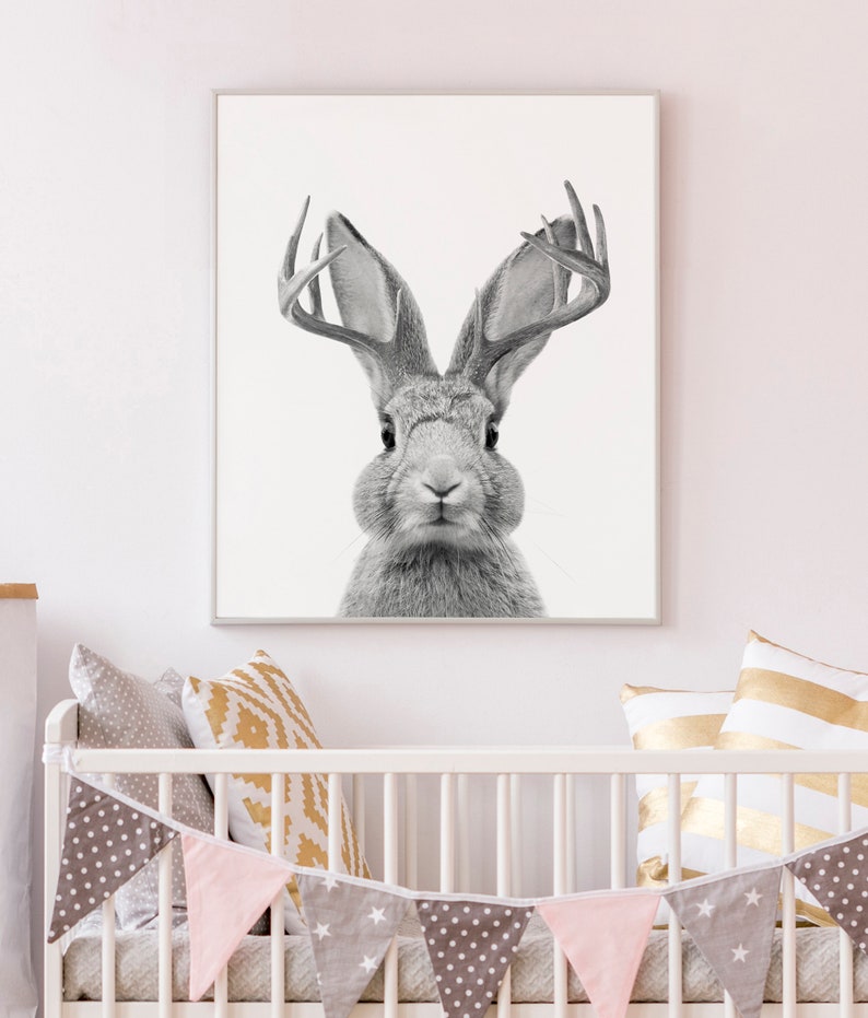 May include: Black and white photograph of a rabbit with antlers. The rabbit is looking directly at the camera. The photo is framed and hanging on a white wall above a white crib.