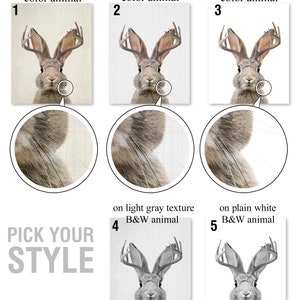 May include: A digital art print featuring a stylized illustration of a rabbit with antlers. The print is available in five different styles: creamish texture with color animal, light gray texture with color animal, plain white with color animal, light gray texture with black and white animal, and plain white with black and white animal. The print includes the text "Pick Your Style" and "Etsy.com/shop/Pinkkeart".