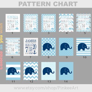 May include: A chart with 14 different patterns for a baby shower or nursery. The patterns include stripes, polka dots, chevron, and an elephant design. The chart is labeled with numbers 1 through 14.