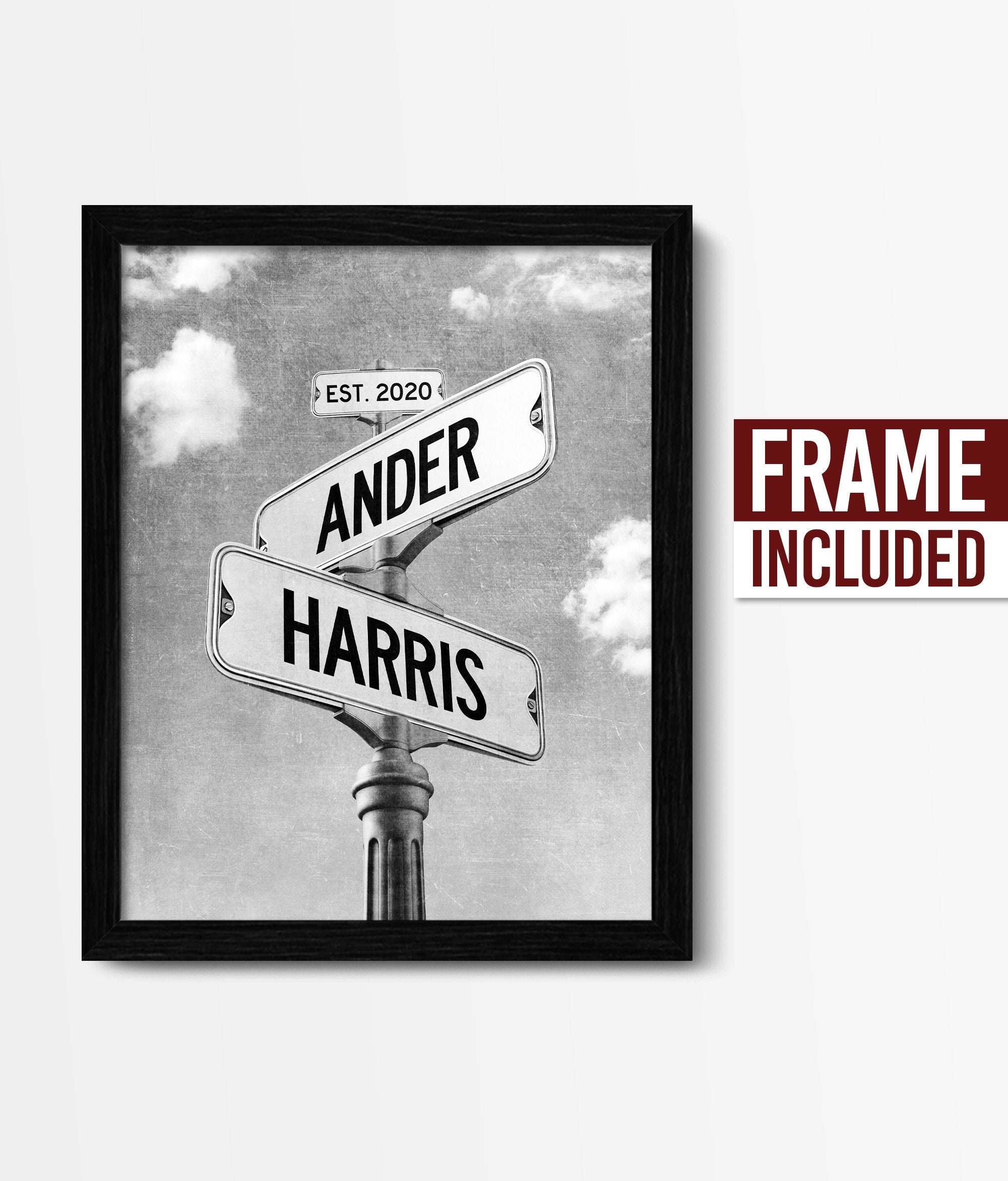 FRAMED Intersection Street Sign Engagement or Wedding Gift for Couple, Unique Married Couple Gift, Wedding Road Sign, Framed Last Names Sign