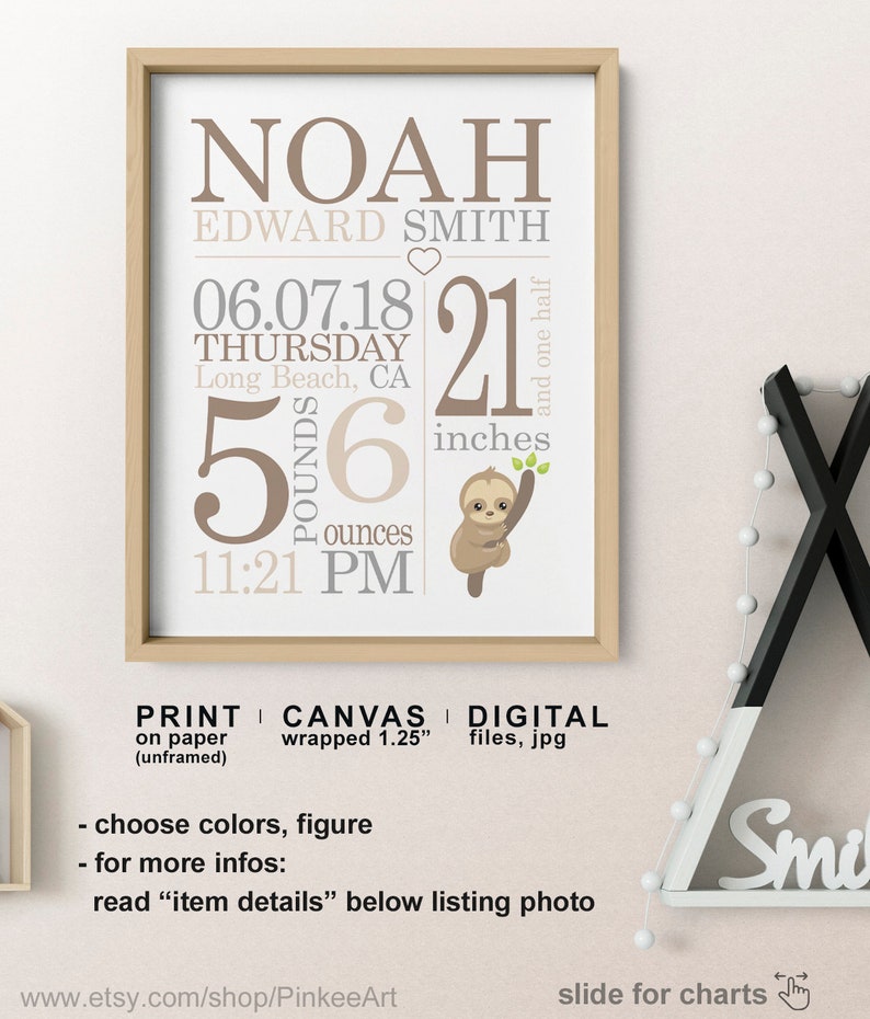 May include: A personalized baby announcement print with a sloth illustration. The print features the baby's name, birth date, time, weight, and length. The text reads "Noah Edward Smith, 06.07.18 Thursday, Long Beach, CA, 5 pounds 6 ounces, 11:21 PM, 21 and one half inches".