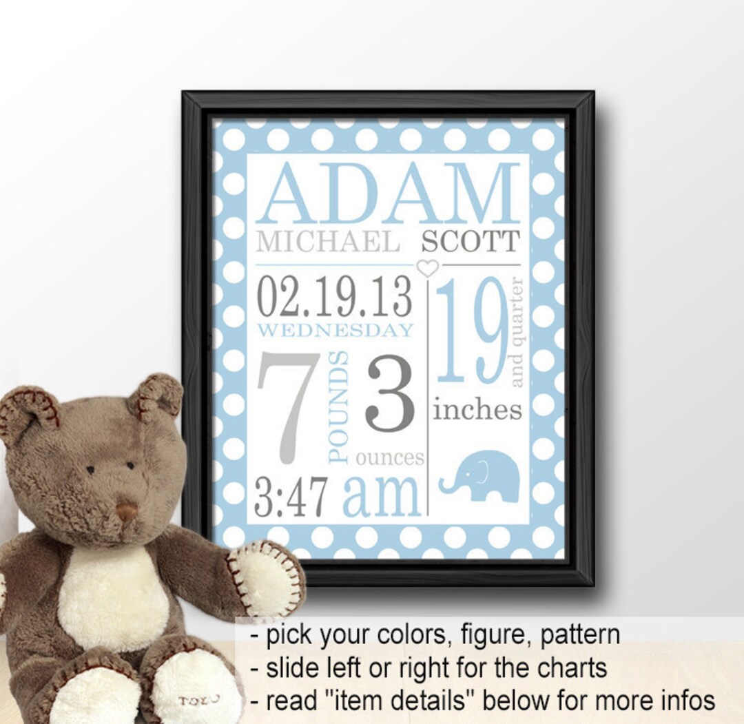 Baby Stats Wall Art, Polka Dot Birth Announcement Boy, New Mom Gift ...
